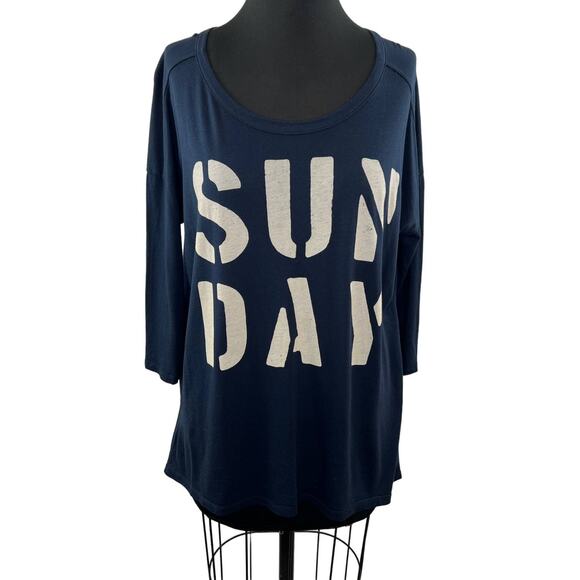 SUNDRY Navy Blue White SUNDAY Pima Cotton 3/4 Sleeve Top Oversized Scoop Tee OS - Picture 1 of 8